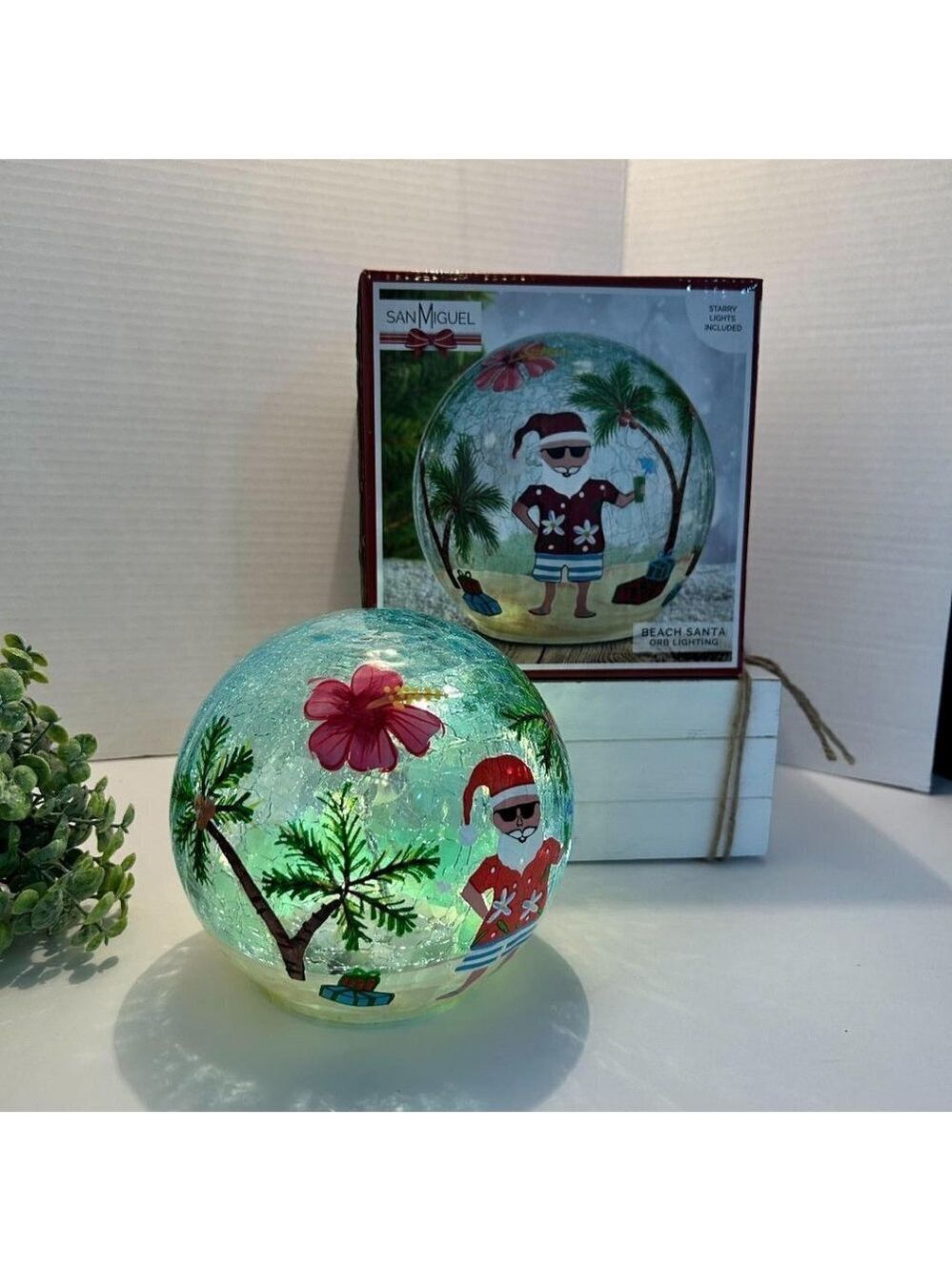 NIB San Miguel lighted tropical Santa glass orb/ball